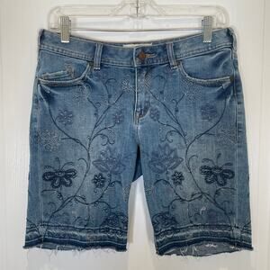 Sundance Embroidered Jean Shorts Floral Boho Bermuda Walking Denim Blue 28